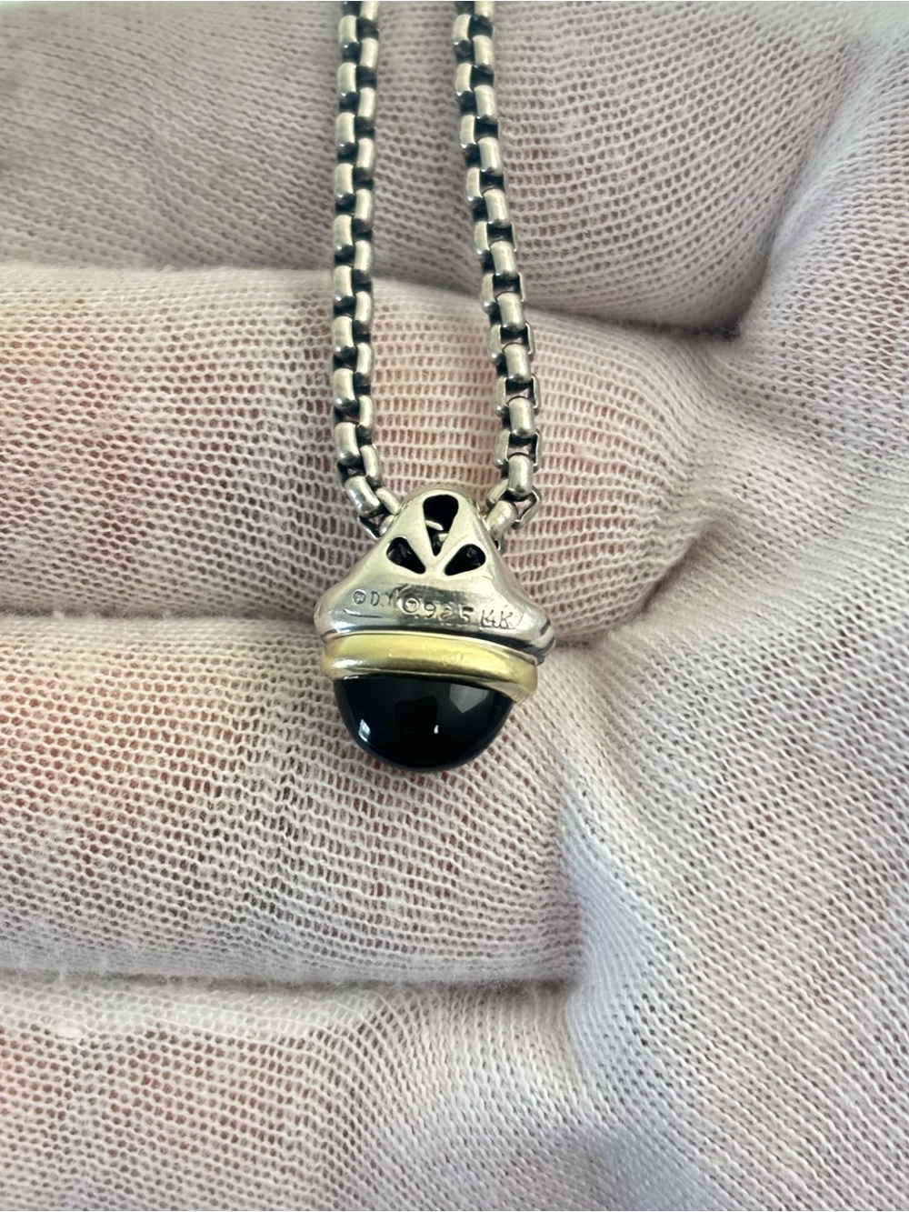 David Yurman 925 & 14k Gold Acorn Pendant Necklace with Black Onyx 16" - Picture 9 of 10